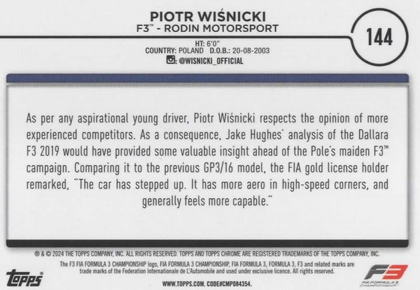 Topps Chrome Formula 1 2024 Piotr Wisnicki F3 Rodin Motorsport Card