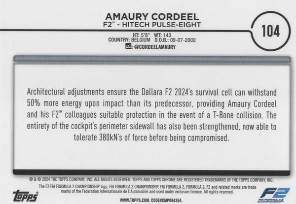 Topps Chrome Formula 1 2024 Amaury Cordeel F2 Hitech Pulse-Eight Parallel Card