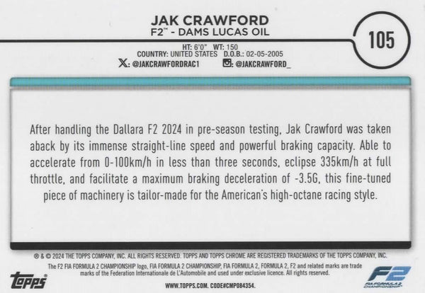 Topps Chrome Formula 1 2024 Jak Crawford F2 Dams Lucas Oil Card #105
