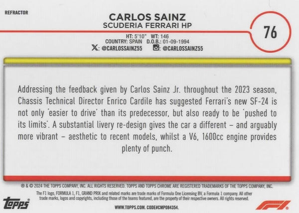 Topps Chrome Formula 1 2024 Carlos Sainz Ferrari Refractor #76 Card