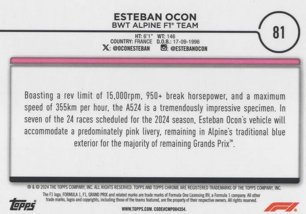 Topps Chrome Formula 1 2024 Esteban Ocon BWT Alpine Team #81 Card