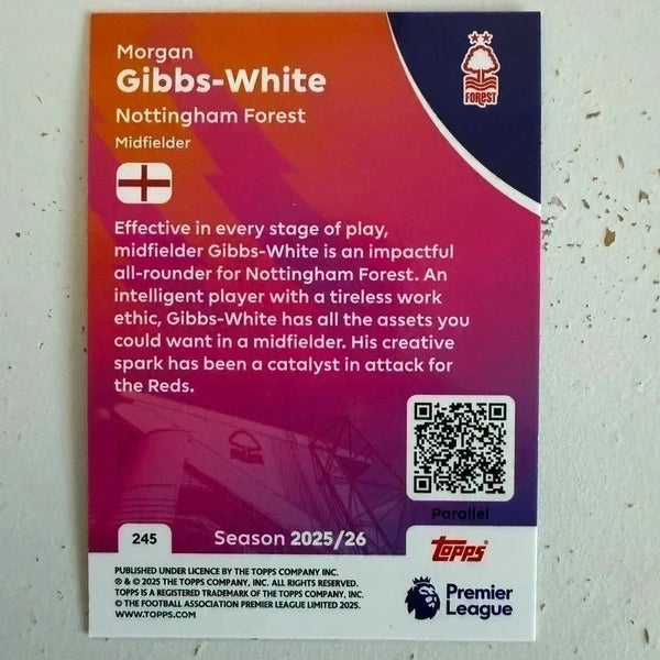 Topps Premier League 25/26 Morgan Gibbs-White Green Sparkle Parallel Card /499
