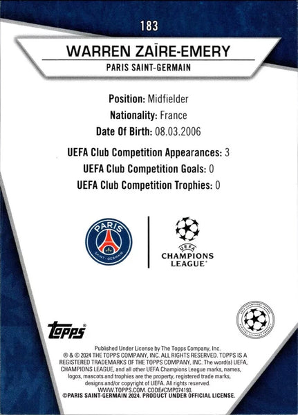Topps Superstars 2024 23/24 Warren Zaire-Emery PSG Uncommon Card #183