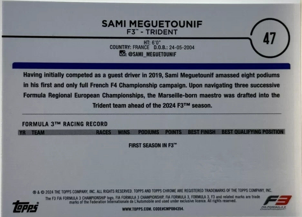 Topps Chrome Formula 1 2024 Sami Meguetounif F3 Trident Card Future Stars #27