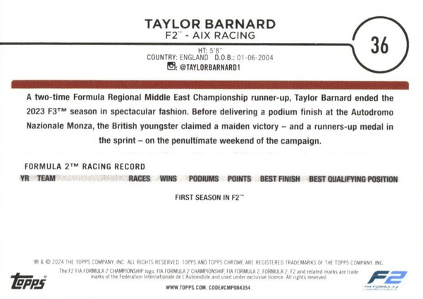 Topps Chrome Formula 1 2024 Taylor Barnard F2 AIX Racing Future Stars Card #36