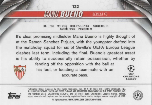 Topps Chrome Hobby UCC Champions League 23/24 Manu Bueno Sevilla Parallel /250