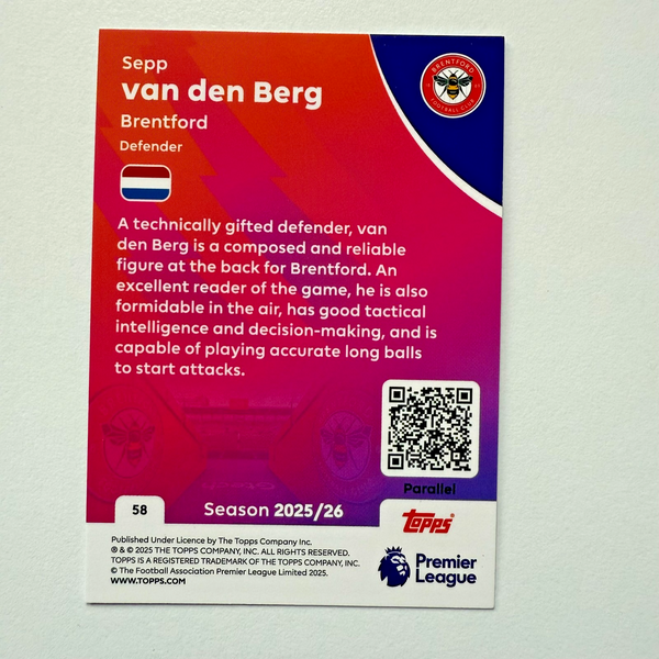 Topps Premier League 25/26 Sepp Van Den Berg Purple Parallel Brentford Card /199
