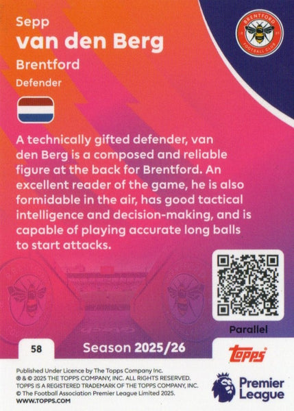 Topps Premier League 25/26 Sepp Van Den Berg Purple Parallel Brentford Card /199