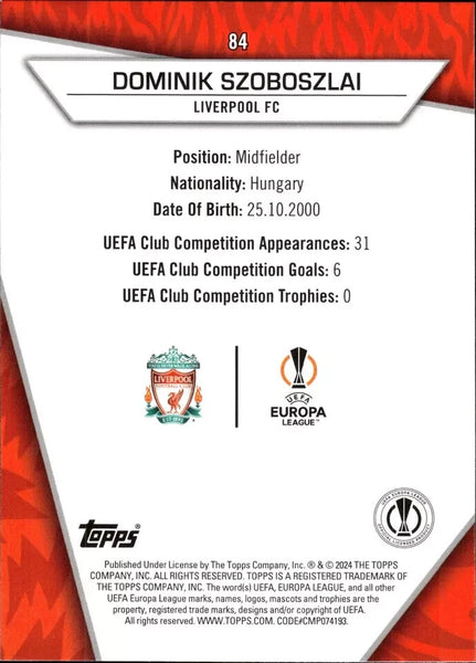 Topps Superstars 2024 23/24 Dominik Szoboszlai Liverpool Common Trading Card