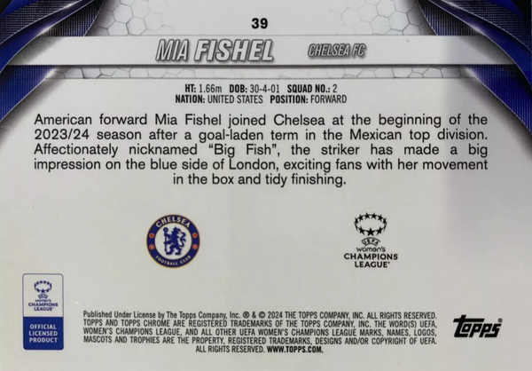 Topps Womens Chrome 2023-2024 Mia Fishel Chelsea Pulsar Card #39