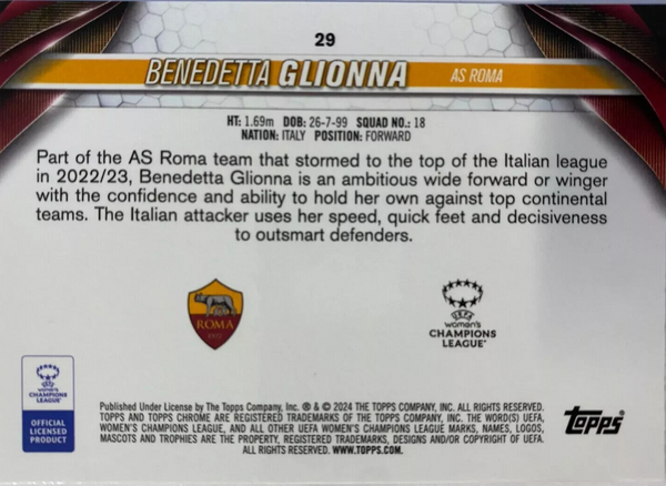 Topps Womens Chrome 2023-2024 Benedetta Glionna Roma Pulsar Card #29