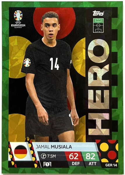 Match Attax Euro 2024 Jamal Musiala Crystal Parallel Green Hero Topps Card