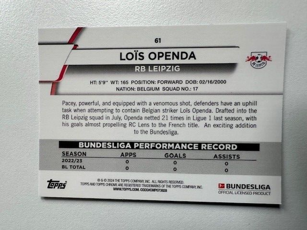 Topps Chrome Bundesliga 2023/24 Lois Openda RB Leipzig Card No 61