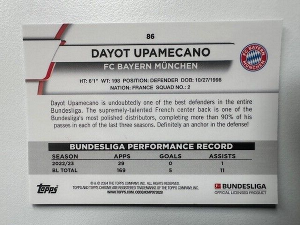 Topps Chrome Bundesliga 2023/24 Dayot Upamecano Bayern Munich Card No 86