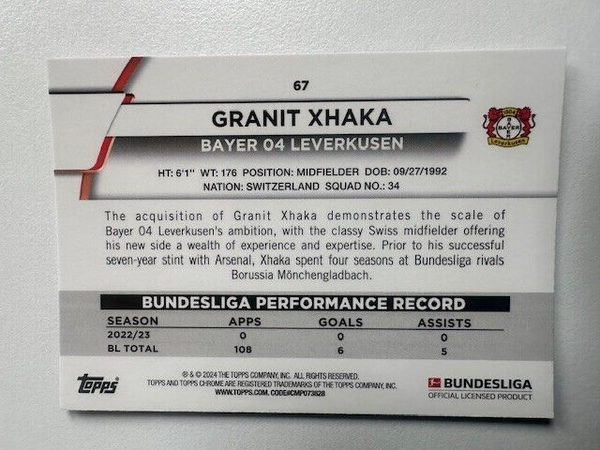 Topps Chrome Bundesliga 2023/24 Granit Xhaka Bayern Leverkusen Card No 67