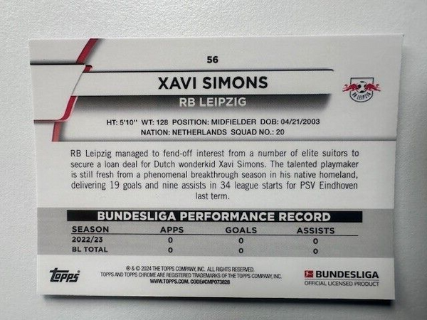 Topps Chrome Bundesliga 2023/24 Xavi Simons RB Leipzig Card No 56