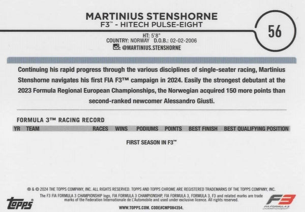 Topps Chrome Formula 1 2024 Martinius Stenshorne F3 Motorsport Future Stars
