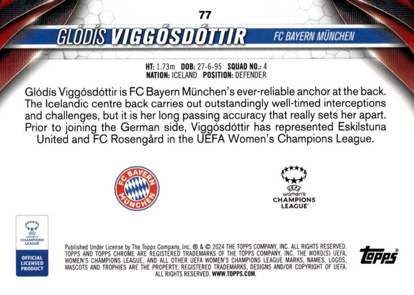 Topps Womens Chrome 2023-2024 Glodis Viggosdottir Bayern Munich Base Card #77