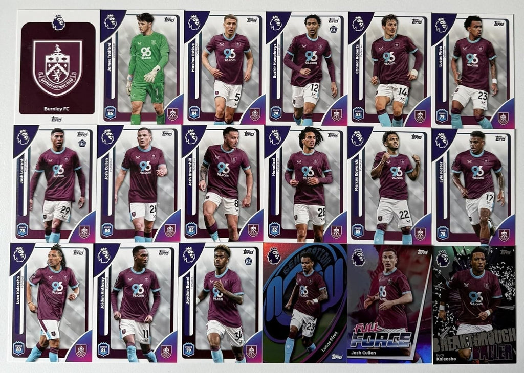 Topps Premier League 2026 Burnley 18 Card Trading Card Base Full Force Team Set
