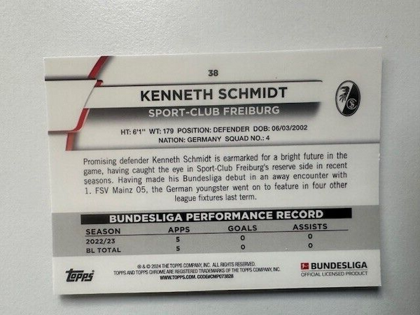 Topps Chrome Bundesliga 2023/24 Kenneth Schmidt Freiburg Refractor Card #38