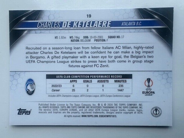 Topps Chrome Hobby UCC Champions League 23/24 Charles De Ketelaere Atlanta Prizm
