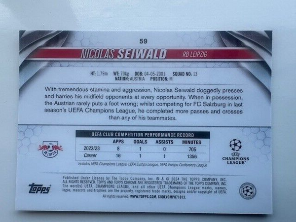 Topps Chrome Hobby UCC Club Competitions 23/24 Nicolas Seiwald RB Leipzig Prizm