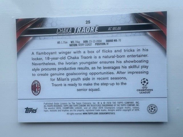 Topps Chrome Hobby UCC Club Competitions 2023/24 Chaka Traore AC Milan Prizm