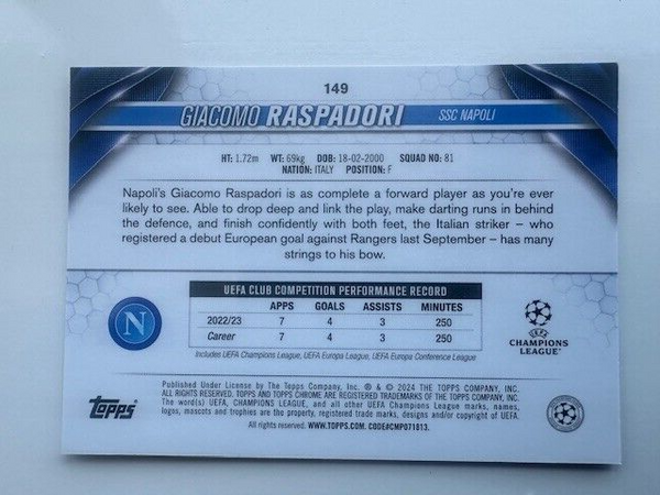 Topps Chrome Hobby UCC Club Competitions 2023/24 Giacomo Raspadori Napoli Prizm