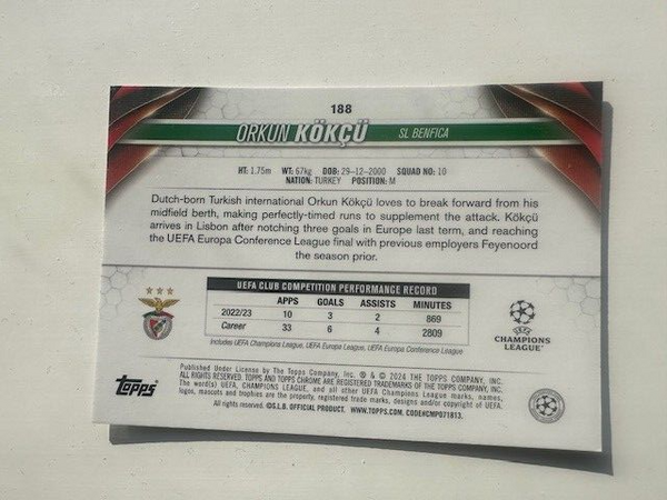 Topps Chrome Hobby UCC Club Competitions 23/24 Orkun Kokcu Benfica Card #188
