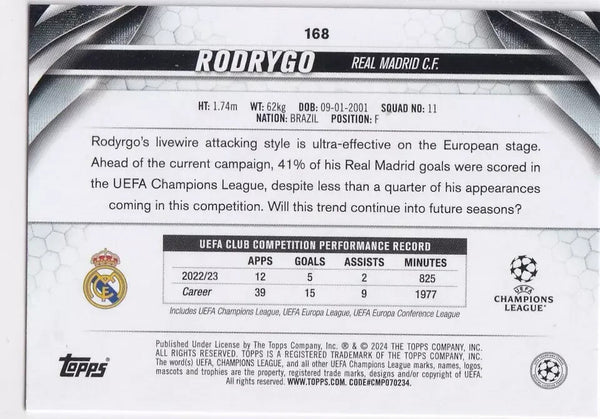 Topps Chrome Hobby UCC Champions League 2023/24 Rodrygo Real Madrid Card #168