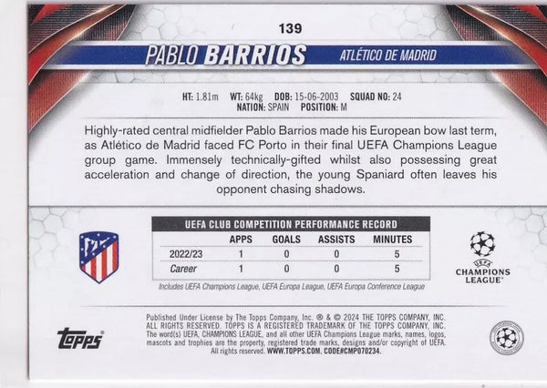 Topps Chrome Hobby UCC Champions League 2023/24 Pablo Barrios Atletico Madrid