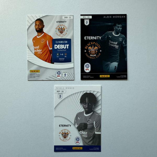 Blackpool 3 Card Bundle Panini 2026 EFL Eternity, Morgan, Ennis & Hamilton