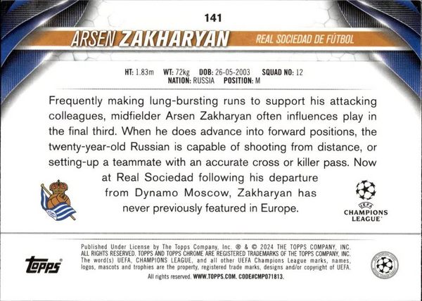 Topps Chrome Hobby UCC Champions League 2023/24 Arsen Zakharyan Real Sociedad