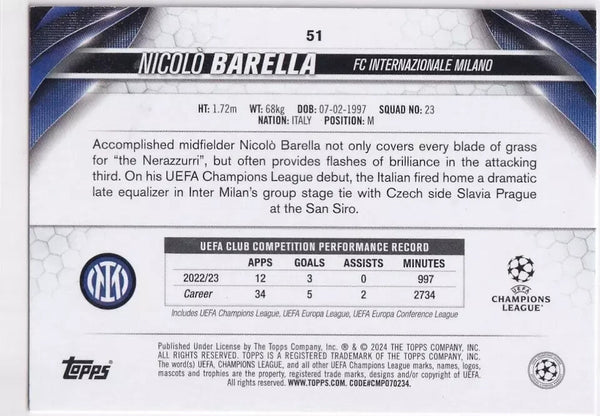Topps Chrome Hobby UCC Club Competitions 2023/24 Nicolo Barella Inter Milan #51