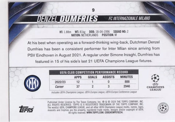 Topps Chrome Hobby UCC Champions League 2023/24 Denzel Dumfries Inter Milan #9