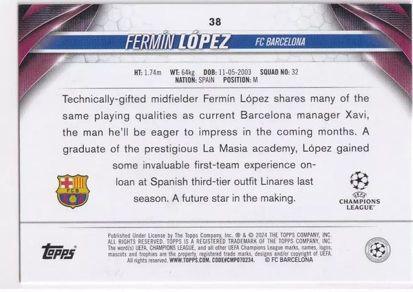 Topps Chrome Hobby UEFA Club Competition 2023/24 Fermin Lopez Barcelona Card #38