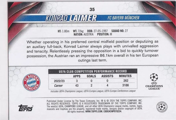Topps Chrome Hobby UCC Champions League 23/24 Konrad Laimer Bayern Munich #35