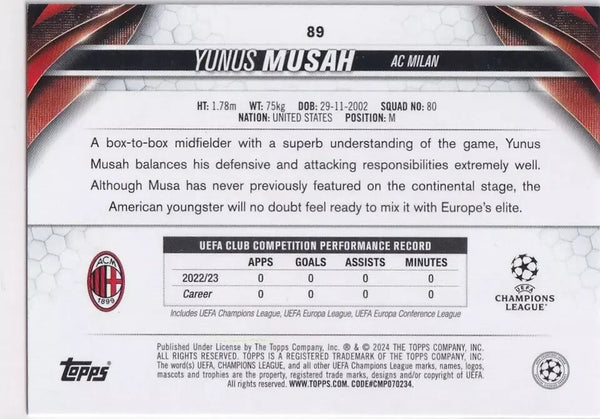 Topps Chrome Hobby UEFA Club Competitions 2023/24 Yunus Musah AC Milan Card #89