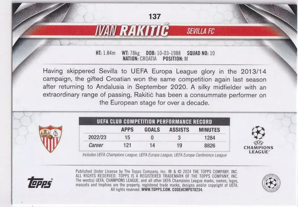 Topps Chrome Hobby UEFA Club Competitions 2023/24 Ivan Rakitic Sevilla Card #137