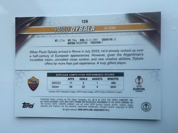 Topps Chrome Hobby UEFA Club Competitions 23/24 Paulo Dybala Roma Card #128