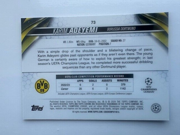 Topps Chrome Hobby UEFA Club Competitions 23/24 Karim Adeyemi Borussia Dortmund