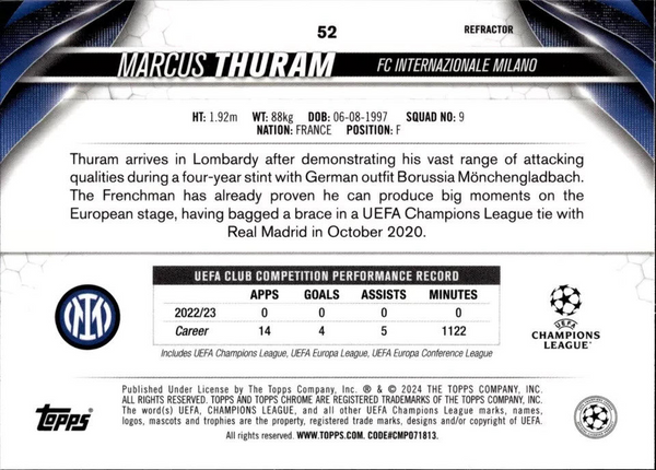Topps Chrome Hobby UEFA Club Competitions 23/24 Marcus Thuram Inter Milan Card