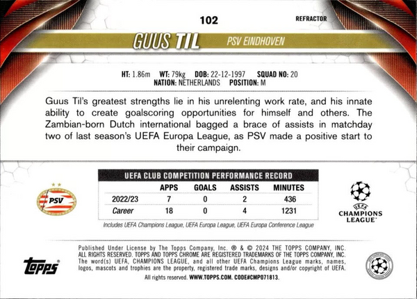 Topps Chrome Hobby UEFA Club Competitions 23/24 Guus Til PSV Eindhoven Card #102