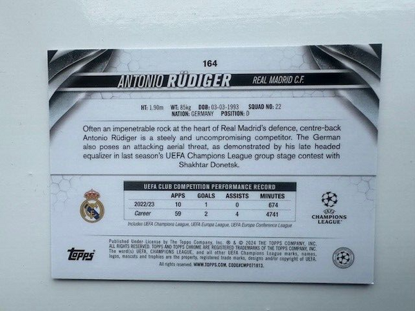 Topps Chrome UCC 2023/24 Antonio Rudiger Real Madrid Card #164