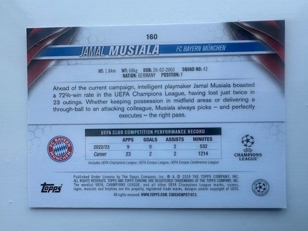 Topps Chrome Hobby UEFA Club Competitions 23/24 Jamal Musiala Bayern Munich Card