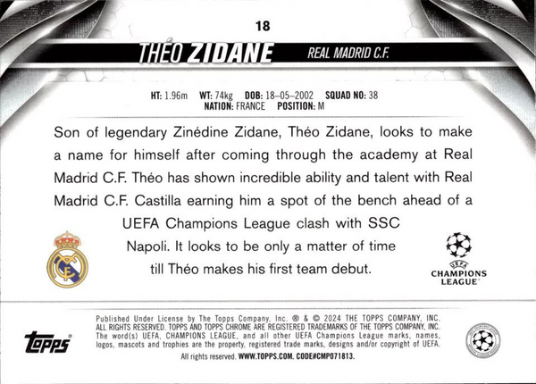 Topps Chrome Hobby UEFA Club Competitions 23/24 Theo Zidane Real Madrid Card #18