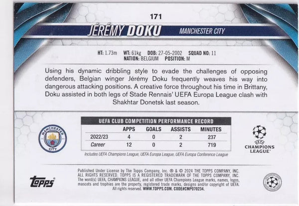 Topps Chrome Hobby UEFA Club Competitions 2023/24 Jeremey Doku Manchester City