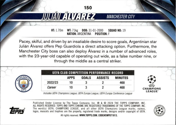 Topps Chrome Hobby UEFA Club Competitions 23/24 Julian Alvarez Future Stars #150