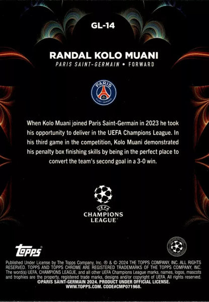 Topps Chrome Hobby UEFA Club Competitions 2023/24 Randal Kolo Muani PSG Golazo