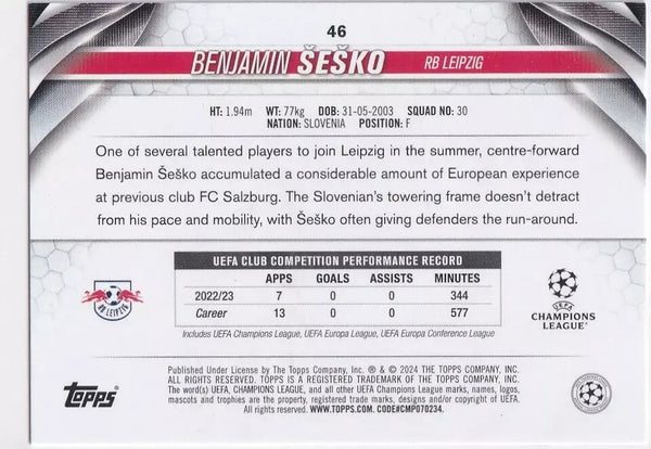 Topps Chrome Hobby UCC Champions League 23/24 Benjamin Sesko RB Leipzig Card #46